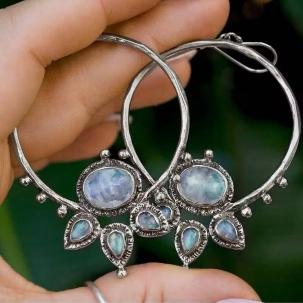 🩵 NEW Boho Artisan Silver Hoop Earrings with Iridescent Blue Stones 🩵